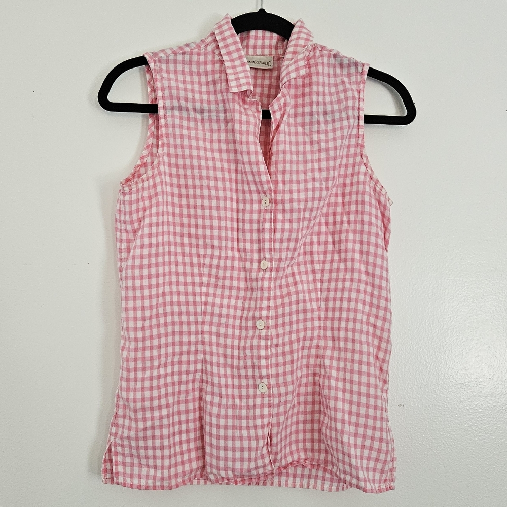 VINTAGE BANANA REPUPLIC Gingham Pink Sleveless Collared Shirt Size Small